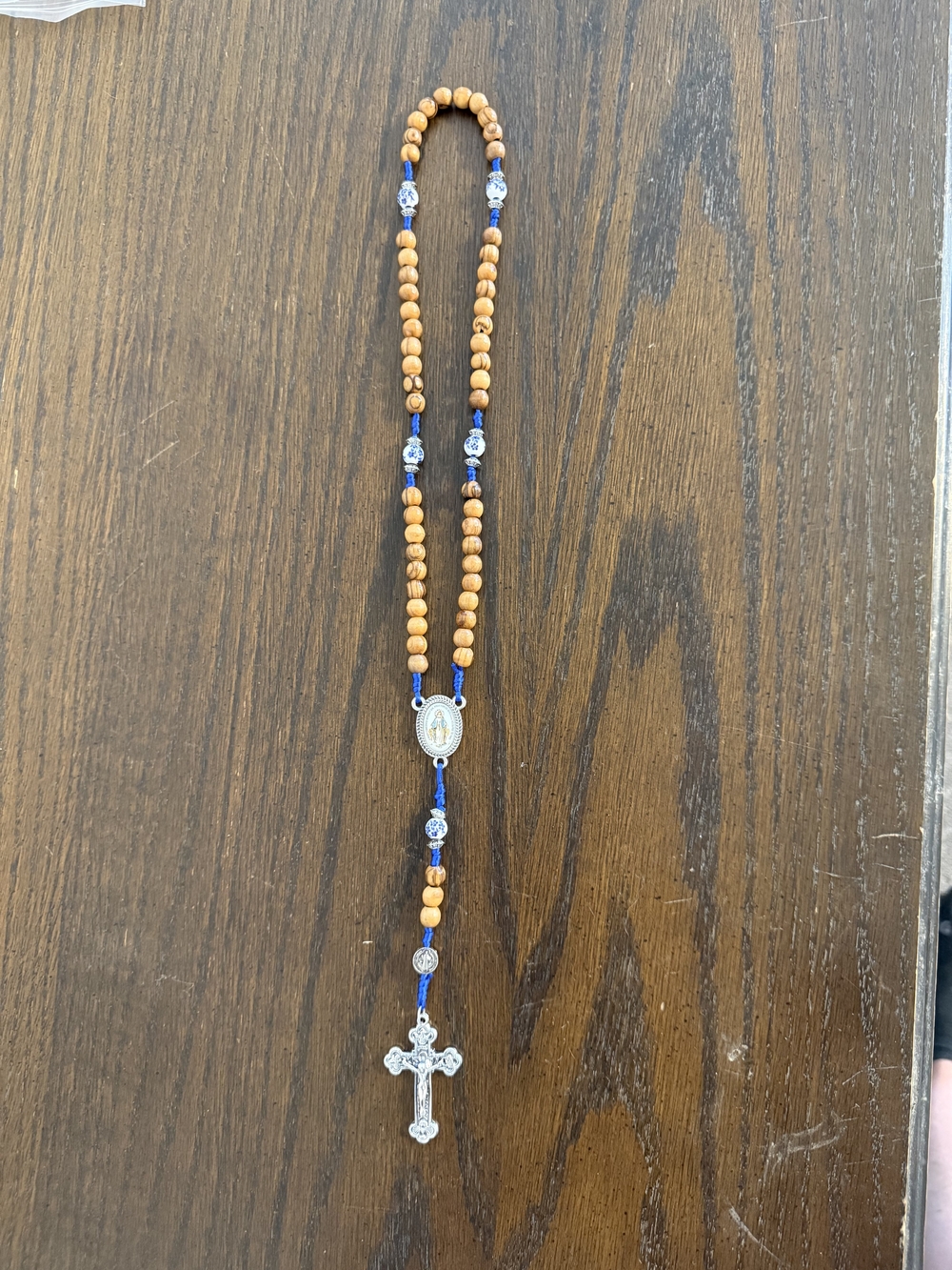 Olive Wood Bead Rosary with Blue Accents and Silver Crucifix - Holy Mother Mary